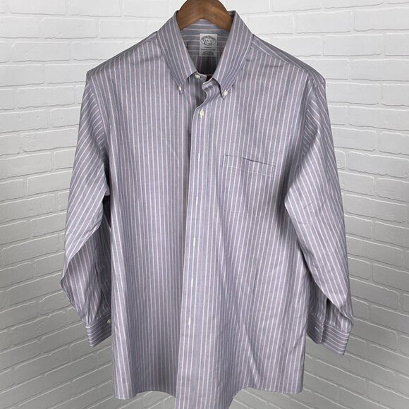 Brooks Brothers‎ Shirt Mens 16.5 32 Black Red Regent Pinstripe OCBD Preppy - Picture 1 of 11